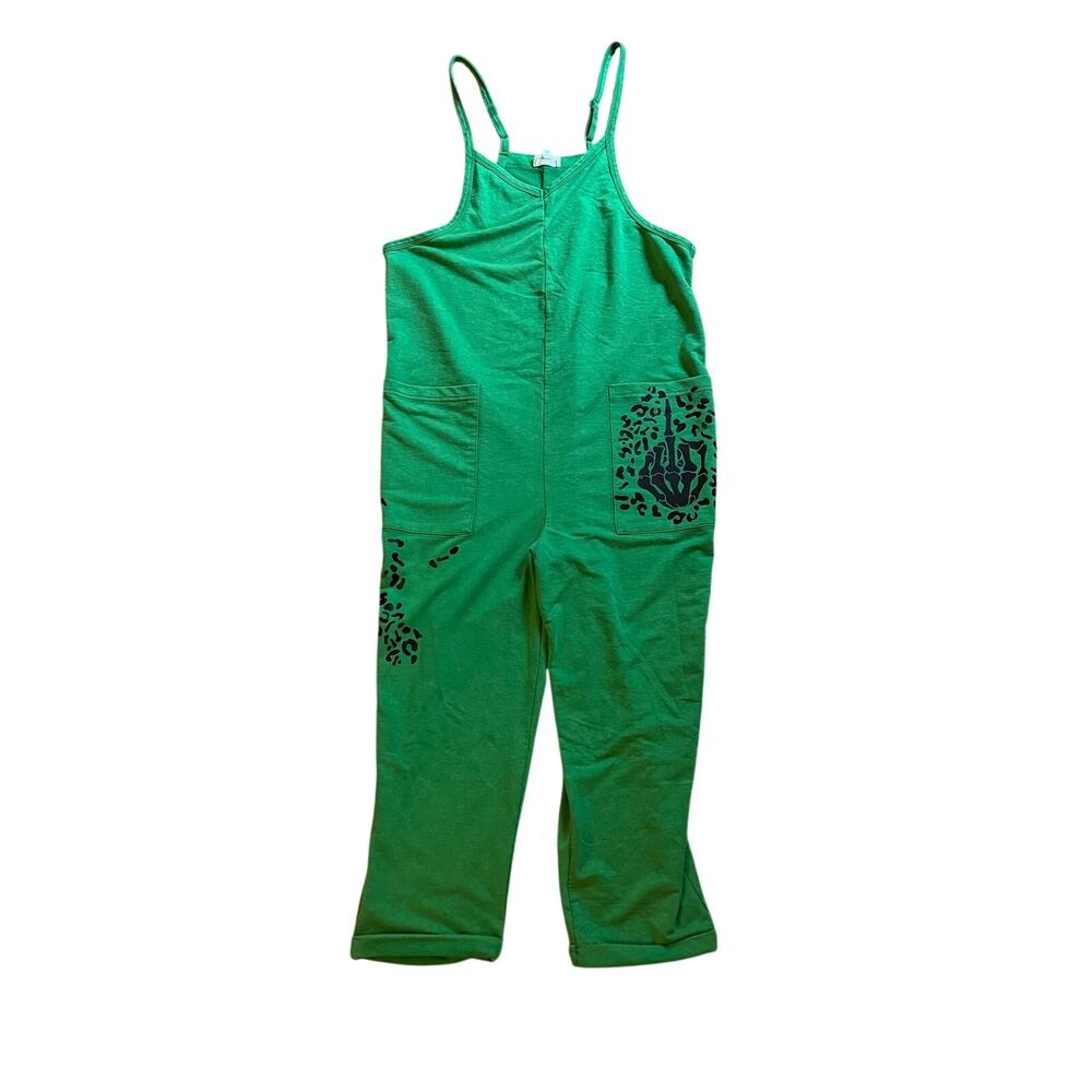 Green jumpsuit skeleton middle finger with animal print up cycle